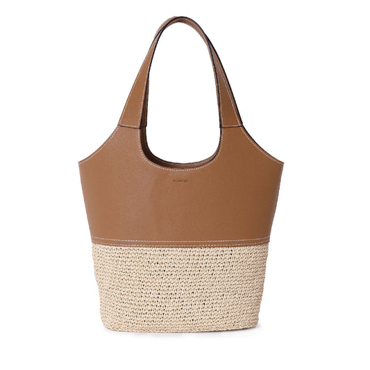 Leather & Handwoven Raffia Shoulder Bag Tan