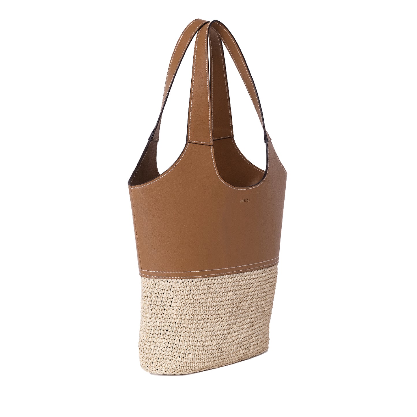 Leather & Handwoven Raffia Shoulder Bag Tan