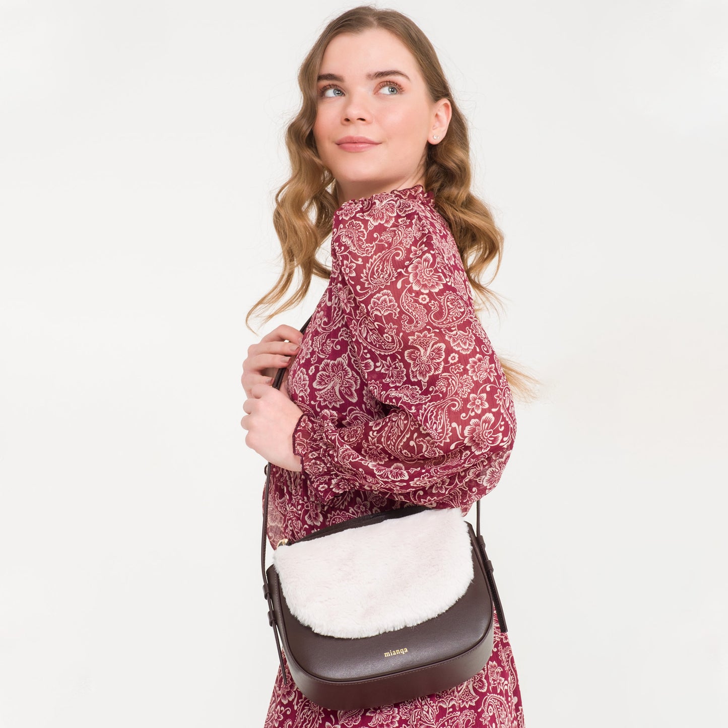 GALA Vegan Apple Leather Faux Fur Crossbody Bag White/Brown