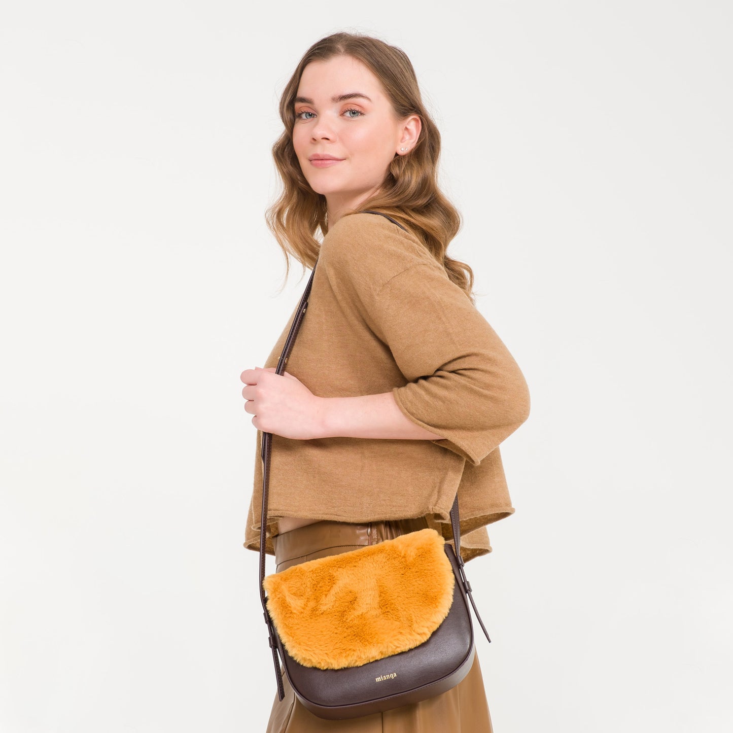 GALA Vegan Apple Leather Faux Fur Crossbody Bag Yellow/Brown