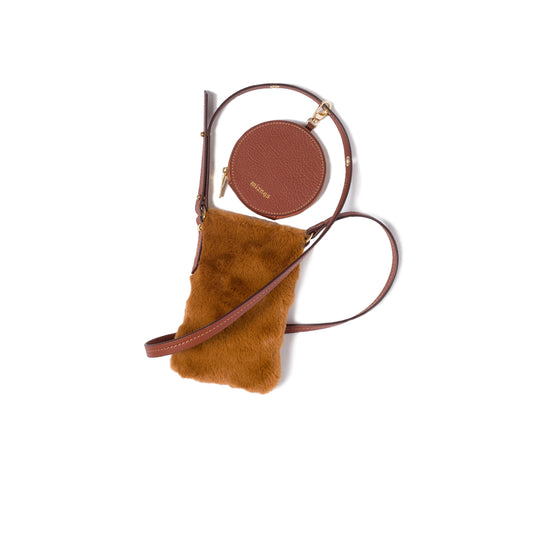 FUJI Vegan Apple Leather Faux Fur Phone Bag Tan