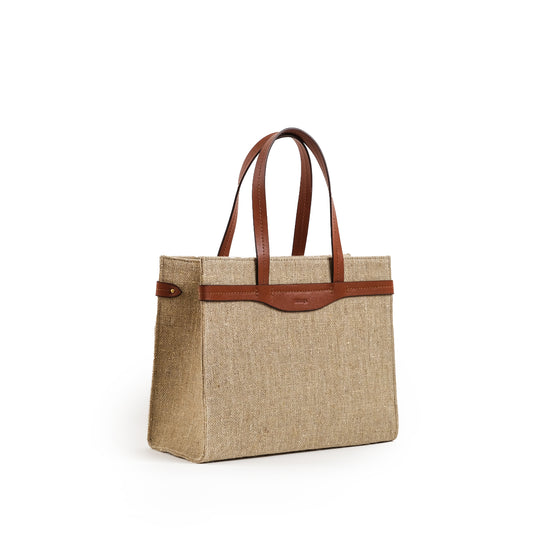 Fabric & Leather Tote Bag Medium Coffee Sack