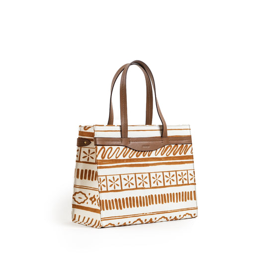 Fabric & Leather Tote Bag Medium Tan/ White