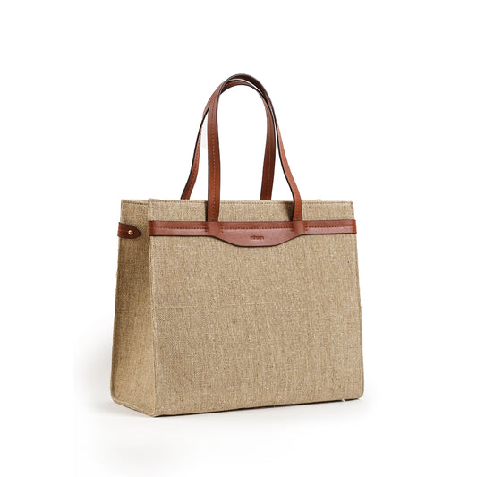 Fabric & Leather Tote Bag Large Coffee Sack