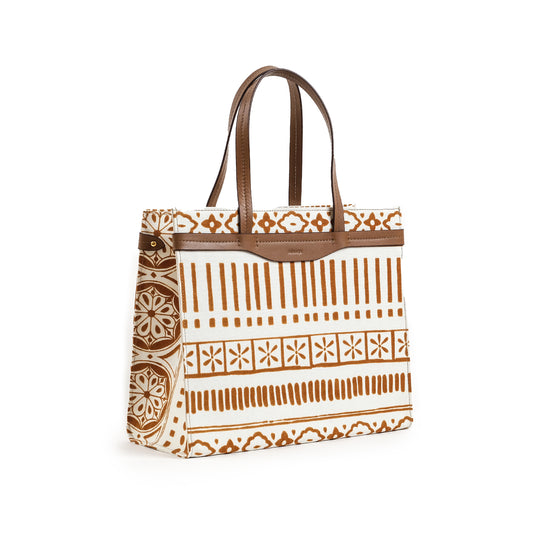 Fabric & Leather Tote Bag Large Tan/ White