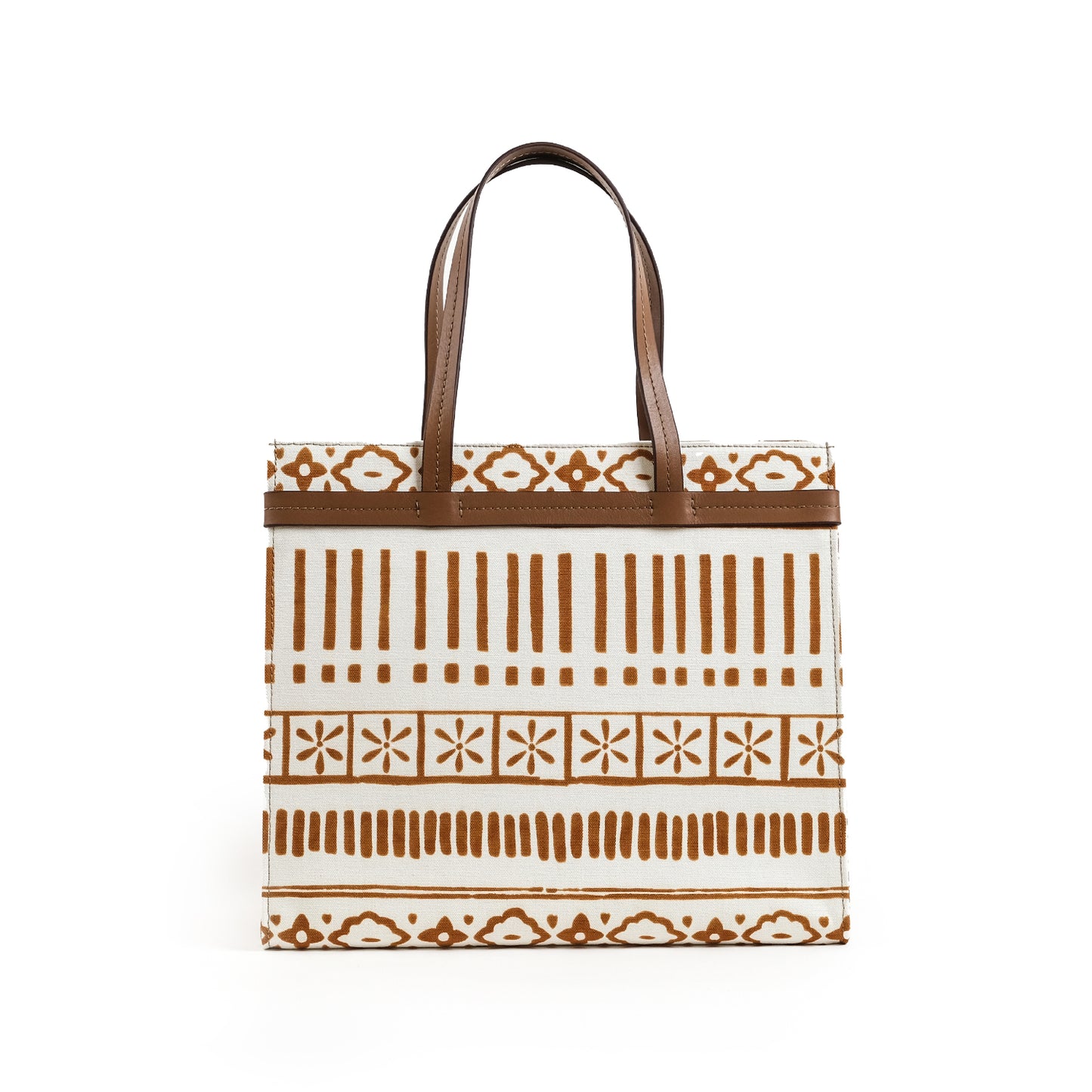 Fabric & Leather Tote Bag Large Tan/ White