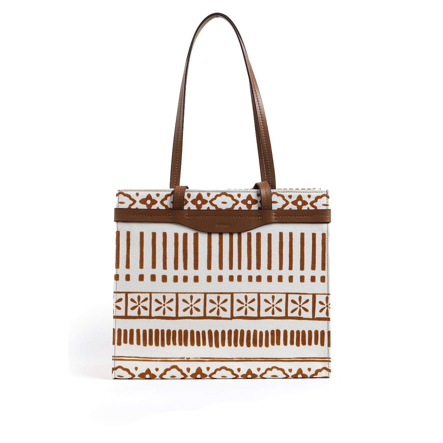 Fabric & Leather Tote Bag Large Tan/ White
