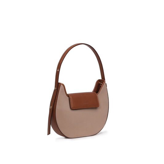Vegan Apple Leather & Fabric Moon Shoulder Bag Beige