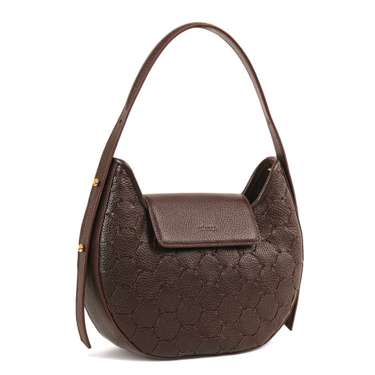 Anqa Woven Leather Moon Crossbody & Shoulder Bag Chocolate Brown