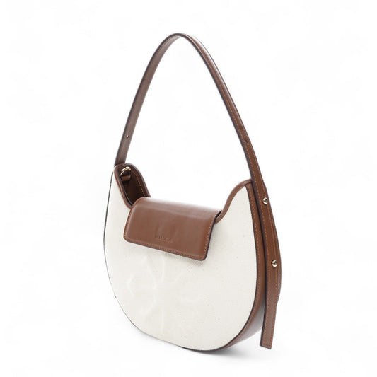 Canvas & Leather Moon Shoulder Bag White
