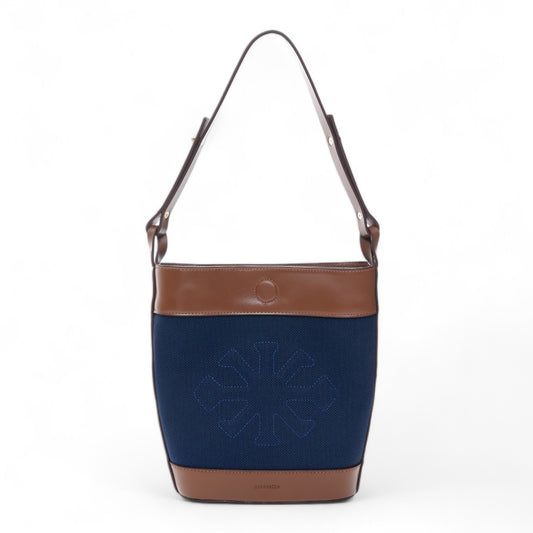 Canvas & Leather Bucket Shoulder Bag Navy